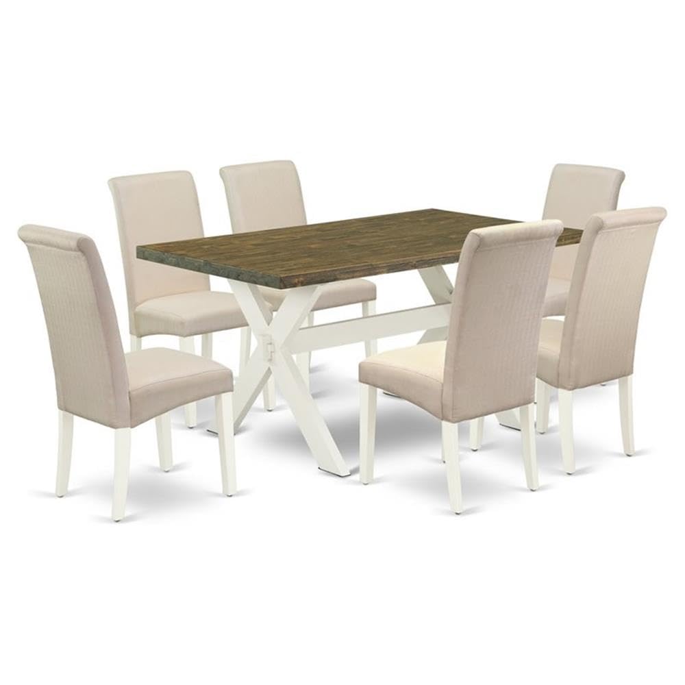 East West Furniture X076Ba201-7 7 Piece Modern Dining Table Set Consist Of A Rectangle Wooden Table With X-Legs And 6 Cream Linen Fabric Upholstered Parson Chairs, 36X60 Inch, Multi-Color